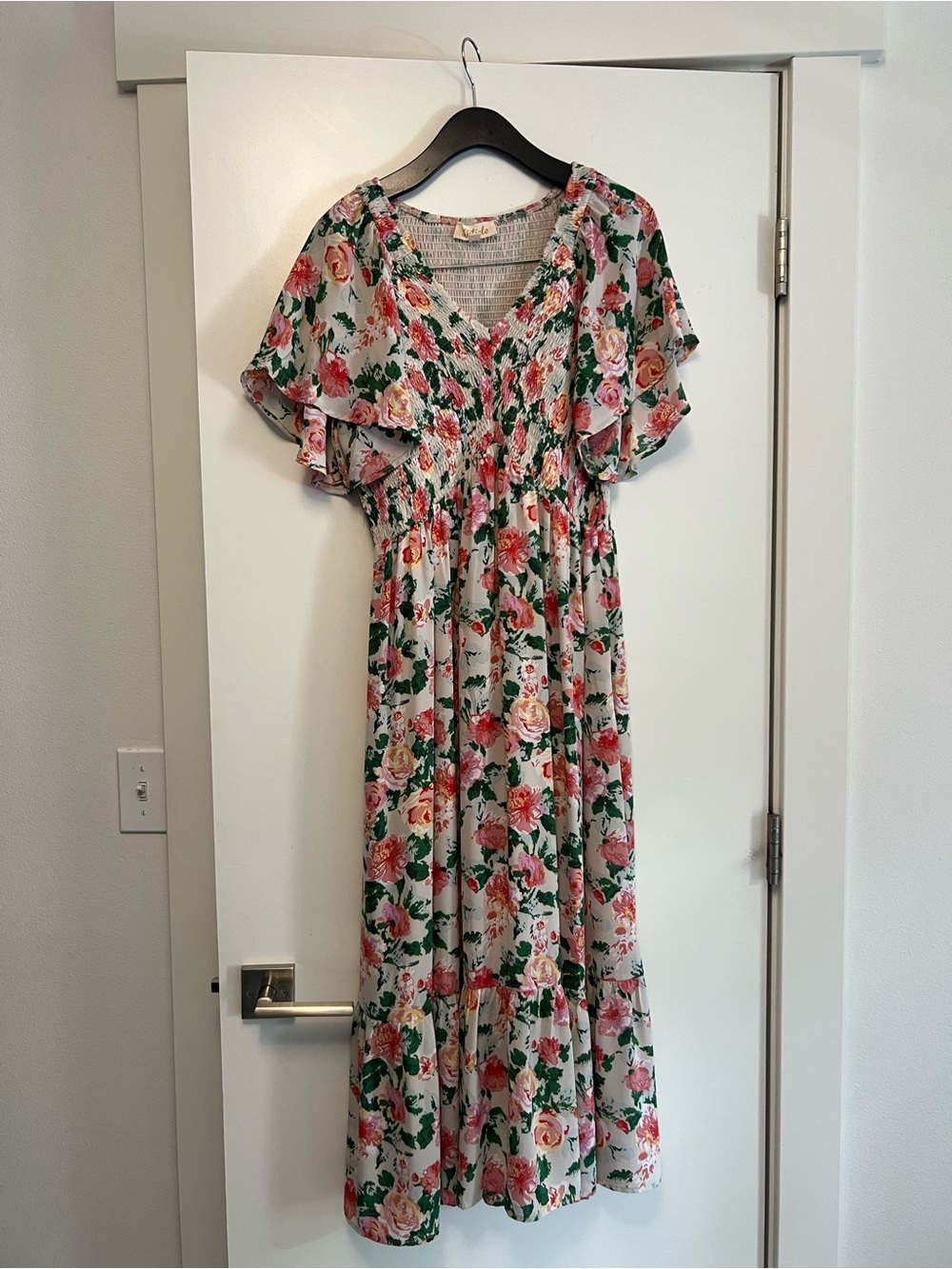 Floral V-Neck Maxi Dress in Cream with Pink & Green Roses